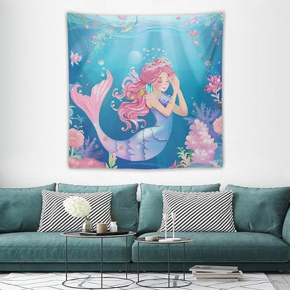HZOHNAGO Mermaid Girls Tapestry Watercolor Flowers Mermaid Princess Blessing Pattern for Kids Room Decoration Printed Wall Tapestry Wall Hanging for Bedroom Living Room Dorm 60" W x 60" H