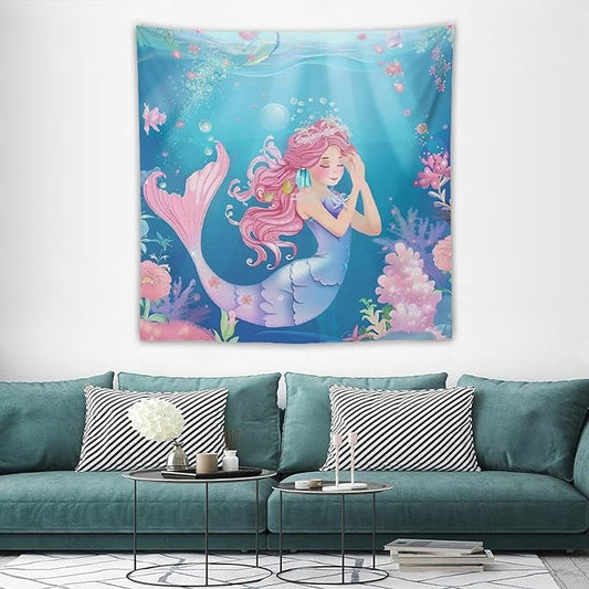 HZOHNAGO Mermaid Girls Tapestry Watercolor Flowers Mermaid Princess Blessing Pattern for Kids Room Decoration Printed Wall Tapestry Wall Hanging for Bedroom Living Room Dorm 60" W x 60" H