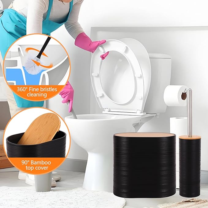 Bathroom Accessory Set,10 PCS Black Bathroom Accessories Set with Trash Can, Toothbrush Holder, Soap Dispenser, Toothbrush Cup, Vanity Tray, Soap Dish, Toilet Brush, Qtip Holders