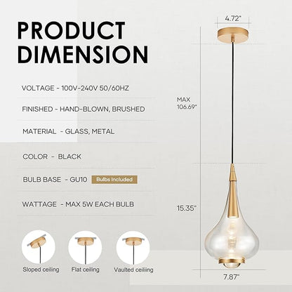 1-Light Teardrop Pendant Light, Brass Gold Ceiling Hanging Light Fxitures, LED Light Fixtures Ceiling Glass Pendant Lighting for Kitchen Island Dining Room Bar