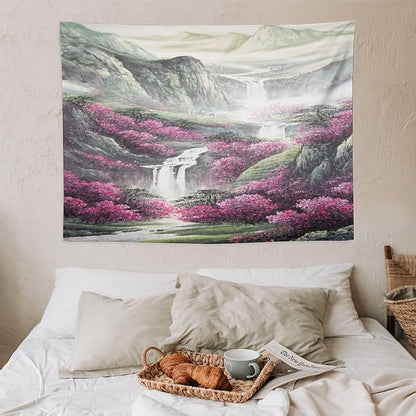 Japanese Tapestry, Red Plum Blossom Mountain, Nature Landscape, Bedroom Living Room Decor, 40"x30"