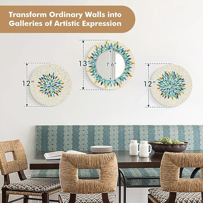 TEIPAI Jewel-Tone Mother of Pearl Mirror Wall Decor for Living Room, 3PCS Handmade Round Wall Art for Home Guest Room Decoration, Unique Mosaic Art Gift for Birthday Wedding Housewarming (Colored)