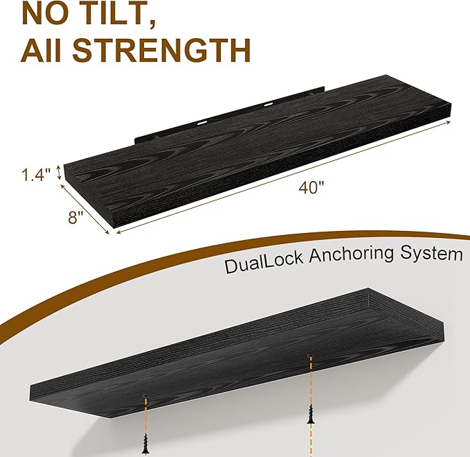 40 Inch Floating Shelves Set of 2, 8 Inch Deep Wall Shelf, Rustic Wood Storage Shelves for Bedroom, Kitchen, Bathroom, Wall-Mounted Shelf with Invisible Brackets for Books|Storage Black