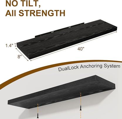 40 Inch Floating Shelves Set of 2, 8 Inch Deep Wall Shelf, Rustic Wood Storage Shelves for Bedroom, Kitchen, Bathroom, Wall-Mounted Shelf with Invisible Brackets for Books|Storage Black