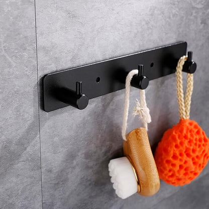 Black 3 Wall Hooks, Matte Black Bathroom Hook Rail, Self Adhesive Key Hook Rack Hanger Towel Robe Stick Hooks for Toilet Entryway Hallway Kitchen Wall Mounted