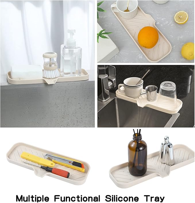 Silicone Bathroom Soap Dishes with Drain Spout-Bathroom and Kitchen Sink Organizer,Sponge Holder,Dish Soap Tray,Perfect for Dispenser,Scrubber,Bottle,Cup on Sink or Counter-Tapioca 12"×4"