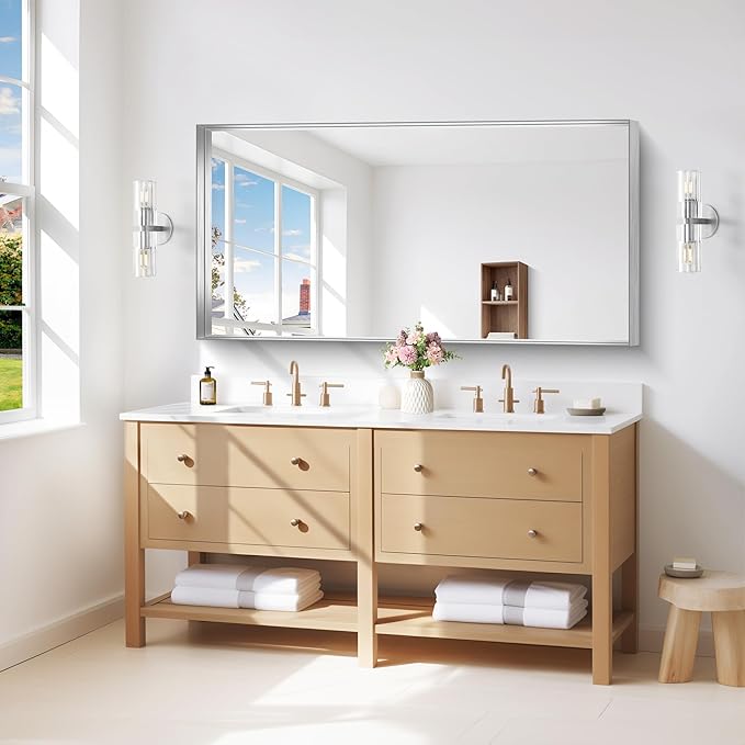 Silver Bathroom Mirror, 24x48 Inch Rectangular Framed Mirror, Large Wall Mounted Bathroom Vanity Mirror Over Sink for Bedroom,Restroom, Living Room, Hangs Vertically or Horizontally