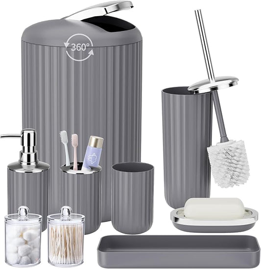 9PCS Gray Bathroom Accessories Set Complete with Trash Can, Vanity Tray, Soap Dispenser, Soap Dish, Toothbrush Holder, Toothbrush Cup, Toilet Brush and Qtip Holders