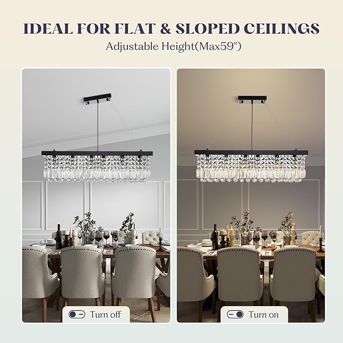 Rectangle K9 Crystal Chandelier,Rectangular Contemporary Pendant Light Fixture,Black Modern Crystal Chandeliers for Dining Room Kitchen Island L31.5''xW10''xH10''