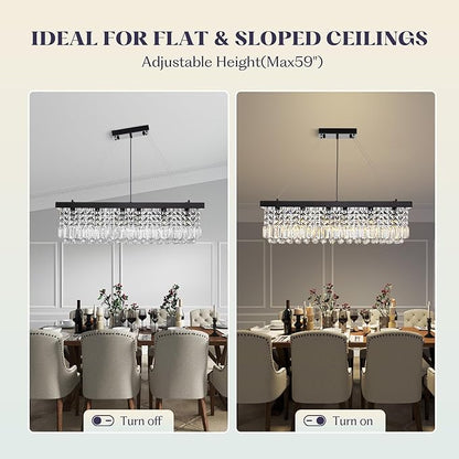 Rectangle K9 Crystal Chandelier,Rectangular Contemporary Pendant Light Fixture,Black Modern Crystal Chandeliers for Dining Room Kitchen Island L31.5''xW10''xH10''