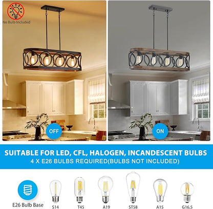 XINGQI Rectangular Linear Kitchen Island Chandeliers Over Table 32.7" Black Pendant Lighting Fixtures Farmhouse 4-Light for Dining Room Bar Office Coffee Shop, Black Wood Grain