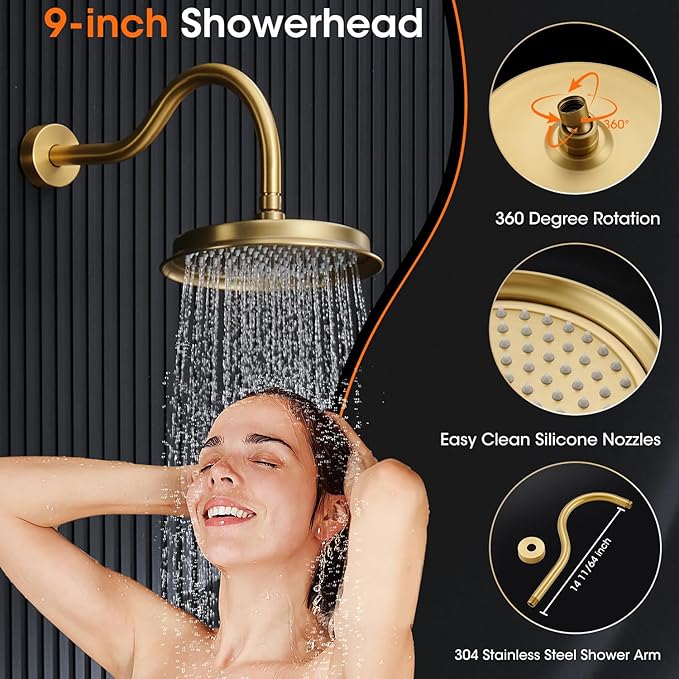 Antique Rainfall Shower System Bathroom Luxury Rain Mixer Shower Faucet Set with Pressure Balance Valve, Shower Combo Set with Rain Shower Head and Vintage Handheld Spray 9 inch Brushed Gold