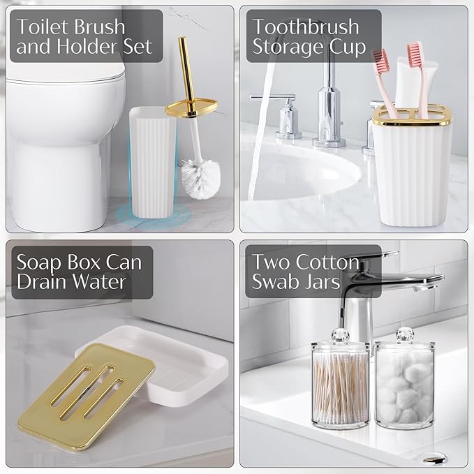 17PCS Bathroom Accessory Set Bathroom Set Gold Bathroom Accessories,Toilet Brush, Trash Can, Qtip Holder Dispenser& 3PCS Soap Dispenser