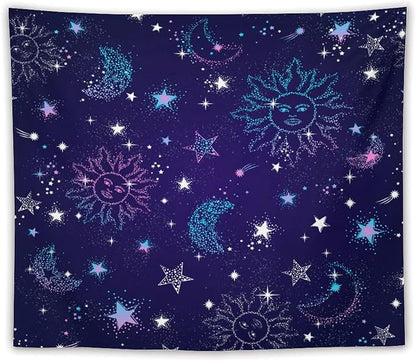 HZOHNAGO Boho Sun Moon Tapestry Purple Blue Sun Stars Galaxy Pattern Printed Wall Tapestry Wall Hanging for Bedroom Living Room Dorm 60" W x 50" H