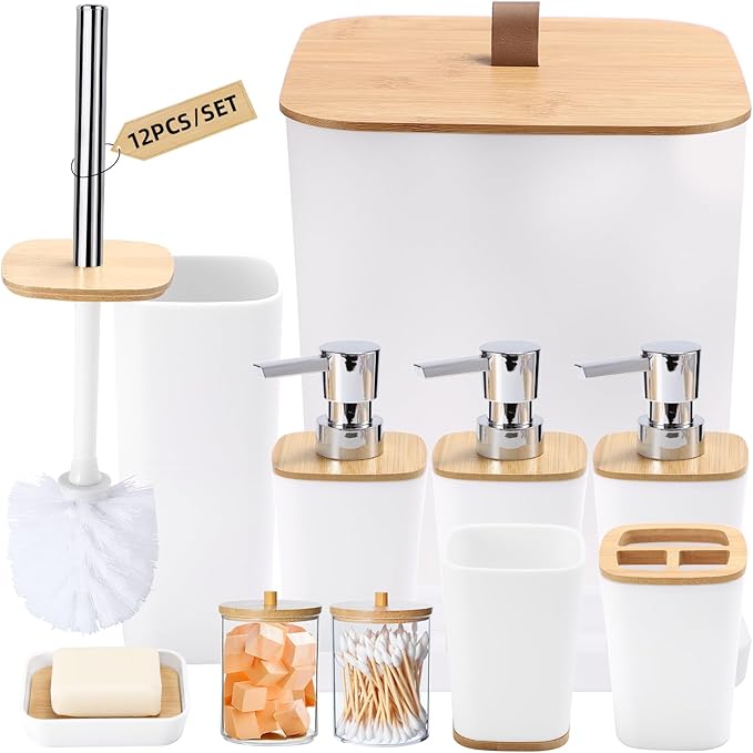 White Bathroom Accessories, Bathroom Accessories Set with Trash Can, Soap Dispenser, Toothbrush Holder, Toothbrush Cup, Soap Dish, Toilet Brush, Tray and Q-tip Holders for Housewarming