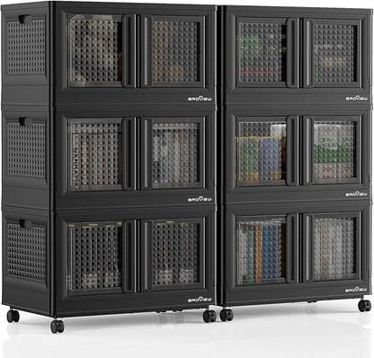 600Qt Stackable Storage Bins with Lids, 150Gal Closet Organizers and Storage Drawer, Plastic Collapsible Storage Bins with Doors, Heavy Duty Store Box Cabinet for Home Kitchen, 6Pack Black