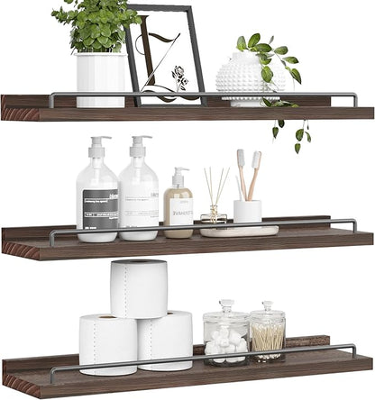 22 inches Long Floating Shelves, Bathroom Decor Shelves Over Toilet, Farmhouse Wall Shelves for Living Room, Bedroom, Picture Frames, Plants, Kitchen, Set of 3 (Brown)