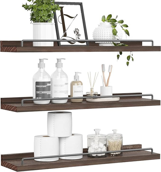 22 inches Long Floating Shelves, Bathroom Decor Shelves Over Toilet, Farmhouse Wall Shelves for Living Room, Bedroom, Picture Frames, Plants, Kitchen, Set of 3 (Brown)
