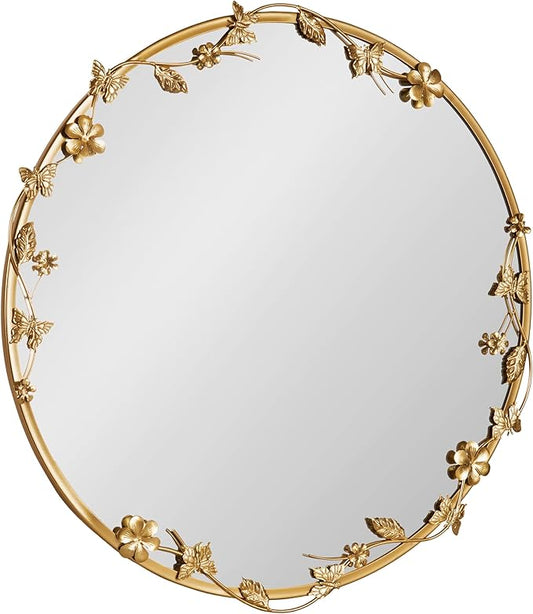 Kate and Laurel Rosella Modern Ornate Round Wall Mirror, 26 Inch Diameter, Gold, Circle Mirror with Floral Detailing for Use as Bathroom Mirror for Over Sink or Cute Nursery Mirror Decor