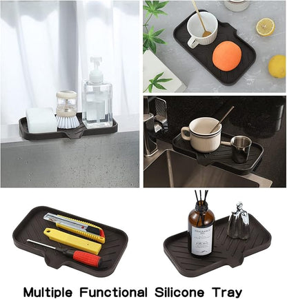 Silicone Bathroom Soap Dishes with Drain Spout-Bathroom and Kitchen Sink Organizer,Sponge Holder,Dish Soap Tray,Perfect for Dispenser,Scrubber,Bottle,Cup on Sink or Counter-Coffee 9.6"×5.3"