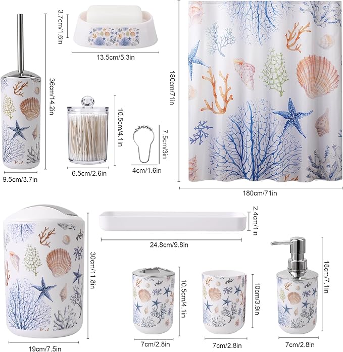 Bathroom Accessories Set Complete with Sea Shower Curtain,10 Piece Bathroom Sets with Toothbrush Holder,Toothbrush Cup,Lotion Soap Dispenser,Soap Dish,Toilet Brush,Trash Can,Qtip Holder