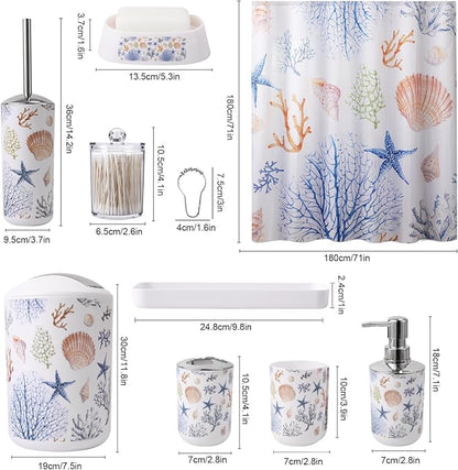 Bathroom Accessories Set Complete with Sea Shower Curtain,10 Piece Bathroom Sets with Toothbrush Holder,Toothbrush Cup,Lotion Soap Dispenser,Soap Dish,Toilet Brush,Trash Can,Qtip Holder