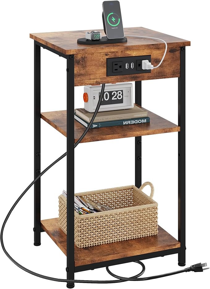 WLIVE End Table with Charging Station, Small Night Stand with 3 Storage Shelves, Side Tables for Small Spaces, Bedside Tables for Living Room, Bedroom, Rustic Brown