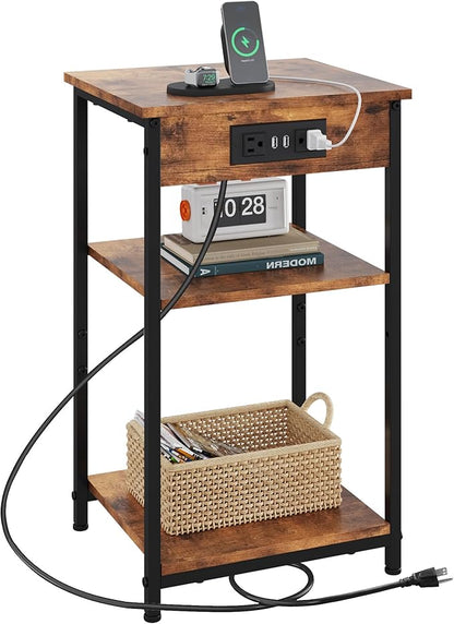 WLIVE End Table with Charging Station, Small Night Stand with 3 Storage Shelves, Side Tables for Small Spaces, Bedside Tables for Living Room, Bedroom, Rustic Brown