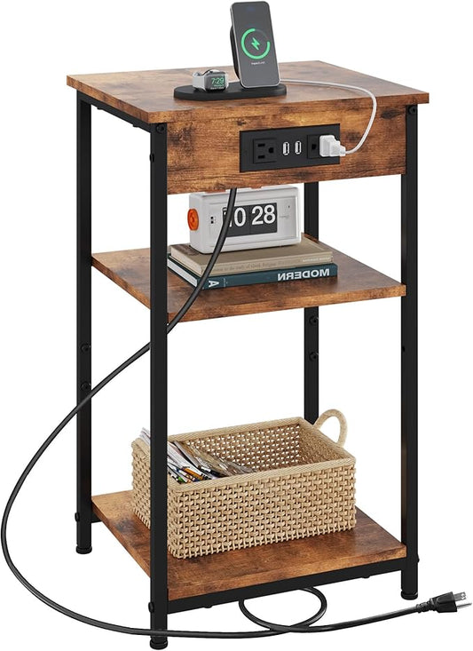 WLIVE End Table with Charging Station, Small Night Stand with 3 Storage Shelves, Side Tables for Small Spaces, Bedside Tables for Living Room, Bedroom, Rustic Brown