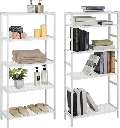 SONGMICS Bamboo Storage Shelf, 5-Tier Shelving Unit, Multifunctional, in The Entryway, Bathroom, Living Room, Balcony, Kitchen, 10.2 x 23.6 x 51.2 Inches, Cloud White UBCB35WT