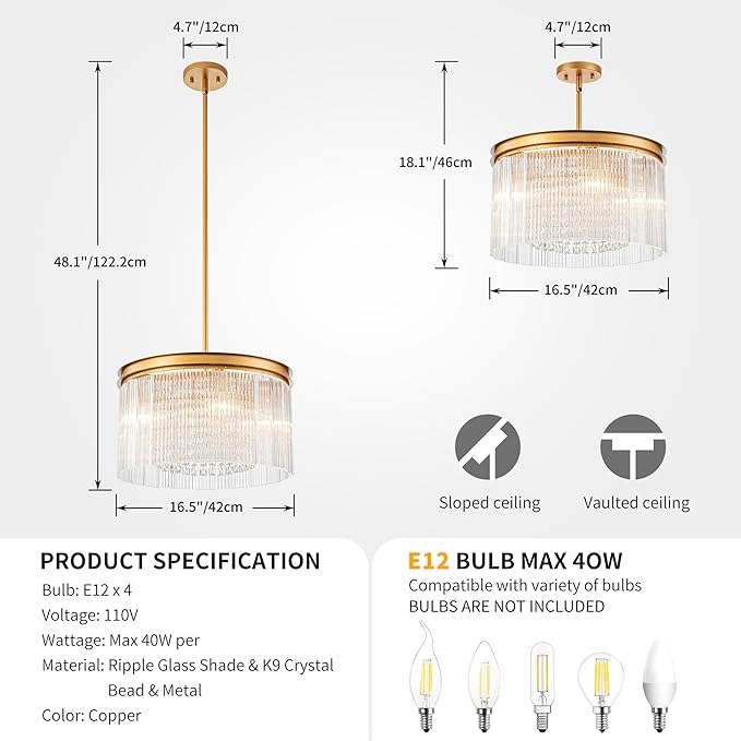4-Lights Drum Glass Chandelier, Modern Style Light Fixture for Dining Room, Bedroom, Ripple Glass Shade & Brass Finish, D16.5 * H18~48 inch (Adjustable Height)