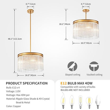 4-Lights Drum Glass Chandelier, Modern Style Light Fixture for Dining Room, Bedroom, Ripple Glass Shade & Brass Finish, D16.5 * H18~48 inch (Adjustable Height)