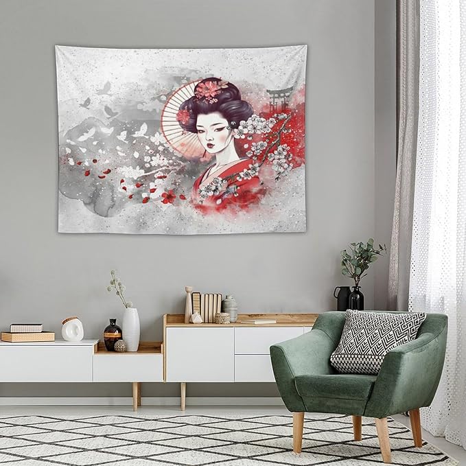 Japanese Geisha Tapestry Asian Red Cherry Blossom Traditional Kimono Folk Tapestries Home Decor for Living Room Bedroom Apartment Farmhouse Dorm 40"x30"