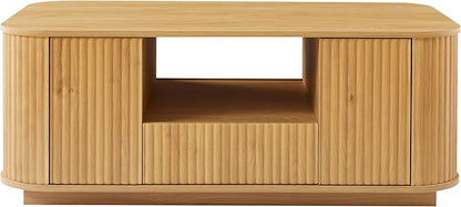 46.5" Oval Coffee Table with Drawers and Storage Mid Century Modern Fluted Solid Wood Side Coffee Tables, Luxury Tea Table Center Table for Living Rooms Offices Apartmen, Natural