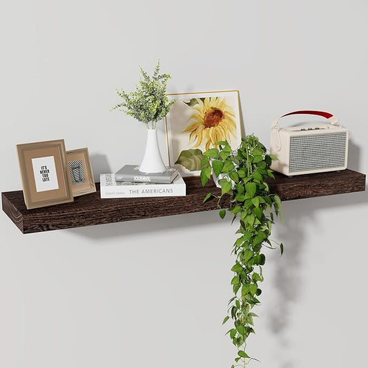 Axeman Floating Shelves, 8 Inch Deep Rustic Solid Wood Wall Shelves for Storage, Wall Mounted Display Shelving with Invisible Heavy-Duty Metal Bracket, 36" W x 8" D x 1.6" H, Rustic Brown
