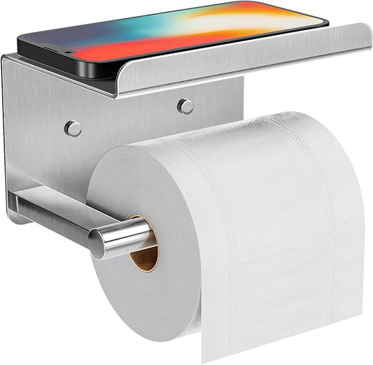 Self-Adhesive Toilet Paper Roll Holder - Wall Mount Or Adhesive Toilet Paper Holder with Shelf,Toilet Roll Holder, Tissue Holder for Bathroom,Wall Toilet Paper Holder, Stainless Steel,Chrome