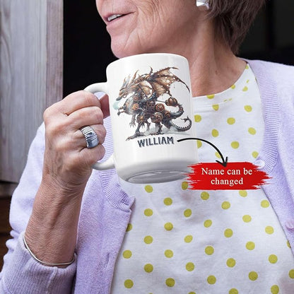 Personalized Name Dragon Lover Ceramic Mug 15oz, Custom Mechanical Dragon Design Coffee Cup, Unique Dragon Mug Gift For Fantasy Enthusiasts, Customized Kid Cup On Birthday, Holiday