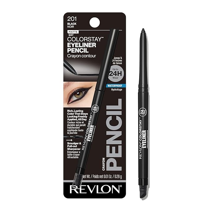 Revlon ColorStay Pencil Waterproof Eyeliner, Smudge-Proof, Eye Makeup with Built-In Sharpener, 201 Black, 0.01 oz