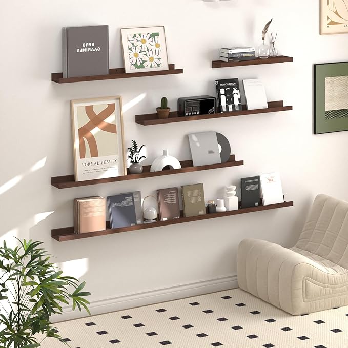 SAUMONIERES Picture Ledge Shelf Floating Book Shelves Set of 2 Wall Mounted Solid Wood for Bedroom Bathroom Living Room Kitchen, 55 Inch Walnut