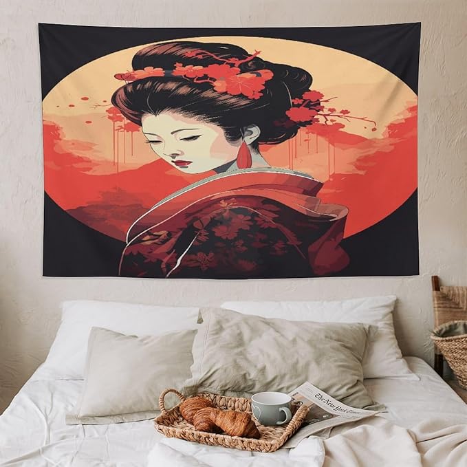 Japanese Woman Geisha Tapestry Asian Cherry Blossom Red Sun Traditional Kimono Folk Tapestries Home Decor for Living Room Bedroom Apartment Farmhouse Dorm 90"x60"
