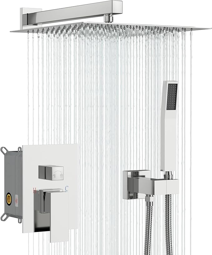 Sarlai Shower Faucet Set Bathroom Square Rainfall Shower Head and Handle Combo Wall Mounted Shower Faucet with Valve 12 Inch Shower Head Trim Systems Chrome
