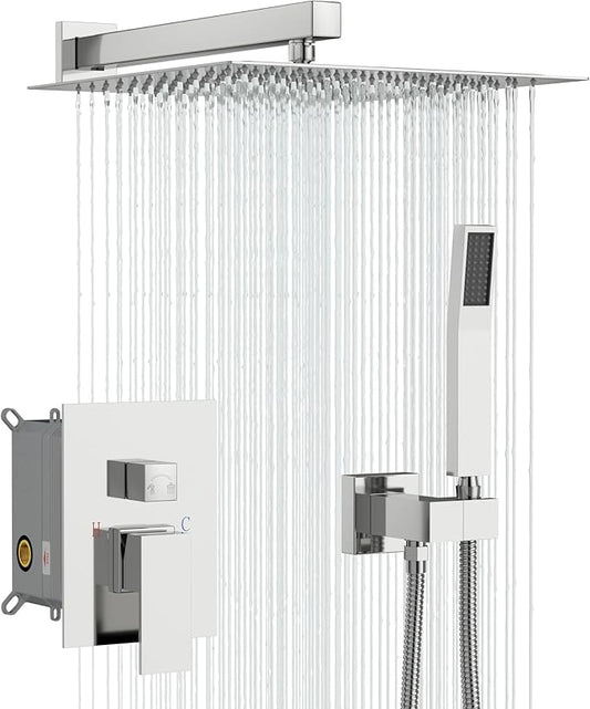 Sarlai Shower Faucet Set Bathroom Square Rainfall Shower Head and Handle Combo Wall Mounted Shower Faucet with Valve 12 Inch Shower Head Trim Systems Chrome