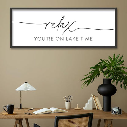 SRSZHIYUE Relax You're On Lake Time Wall Decor Above Bed Sign 40"×15" for Lake House Bedroom Over Bed Large Wood Framed Hanging Art (Black)