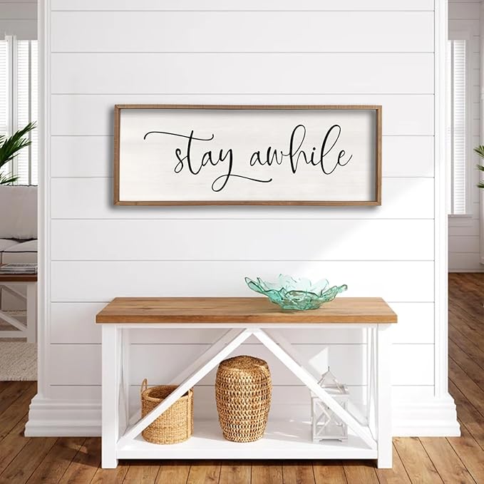 Stay Awhile Sign Wall Decor 32"X12" Large Living Room Entryway Wood Framed Rustic Wall Decor for Vintage Farmhouse Foyer Hanging Lets Stay Home Wall Art (Wood)