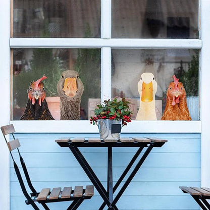 Funny Animal Windows Stickers Decor - 2 Hens Head & 2 Goose Head Window Cling Removable - Cute Animals Window Decals Peel and Stick - Funny Animals Wall Decor for Farmhouse Kitchen Door Refrigerator