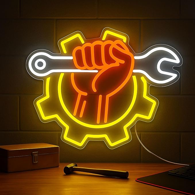 Wrench Neon Sign for Wall Decor – USB Powered LED Garage Sign with Dimmer, Car Room Accent Light, Auto Repair Workshop Wall Lamp, Man Cave Neon Decor, Gift for Dad or Car Enthusiast 13"x14.3"