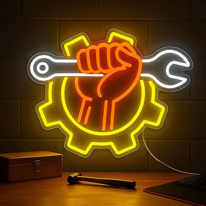 Wrench Neon Sign for Wall Decor – USB Powered LED Garage Sign with Dimmer, Car Room Accent Light, Auto Repair Workshop Wall Lamp, Man Cave Neon Decor, Gift for Dad or Car Enthusiast 13"x14.3"