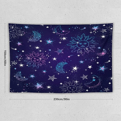 HZOHNAGO Boho Sun Moon Tapestry Purple Blue Sun Stars Galaxy Pattern Printed Wall Tapestry Wall Hanging for Bedroom Living Room Dorm 90" W x 60" H