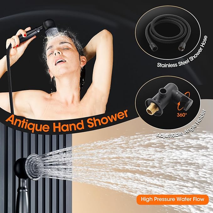 Rainfall Shower Head System with Pressure Balance Valve 9 Inch Bathroom Luxury Rain Mixer Shower Combo Set Wall Mounted Antique Shower Faucet Sets with Vintage Handheld Spray Matte Black