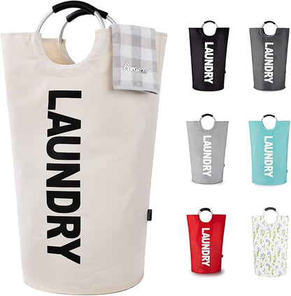 Caroeas 100L Laundry Basket,Large Laundry Hamper, Laundry Bag with Padded Handles, Clothes Hamper Stands Up Well, Collapsible Free Standing Easy Storage Washing Bin (Beige,100L)